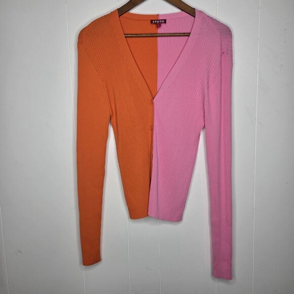 Staud Womens Two Tone Button Front Cardigan Size L Stretch Ribbed V Neck Girly - Picture 1 of 9